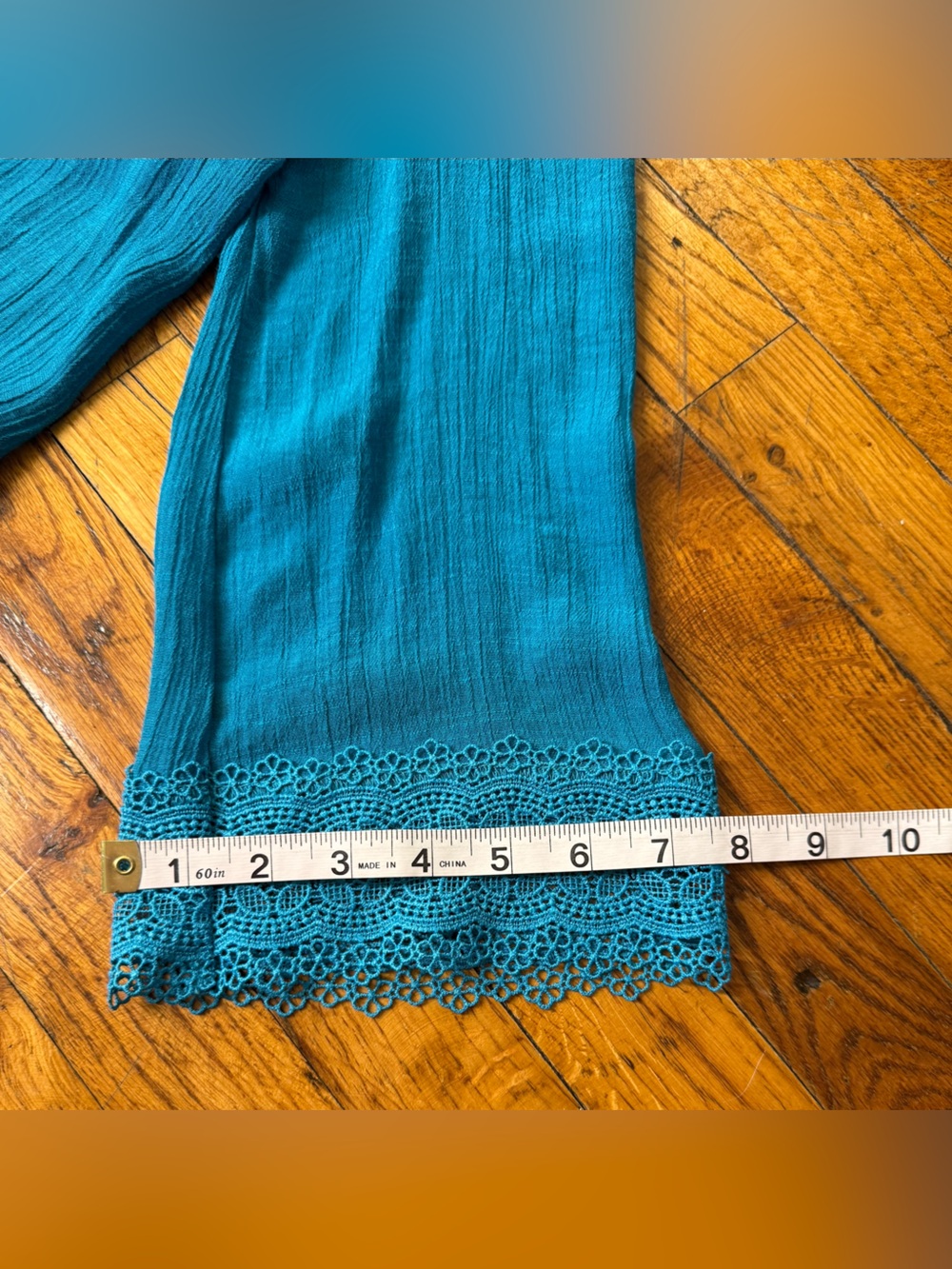 Counterparts Teal Boho Peasant Blouse Lace Trim V-Neck 3/4 Bell Sleeve - Size S - Picture 12 of 16